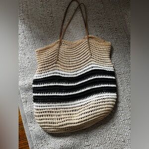 Aqua trio striped straw tote
